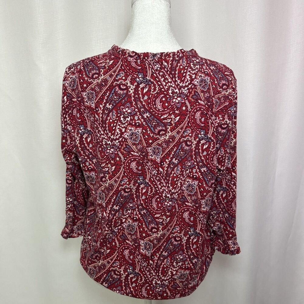Lands End Women’s Top Size Small Red Paisley Ruffle Neck Sleeves Button Up - Picture 7 of 11